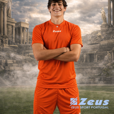 Homem com roupa desportiva laranja Zeus em cenário de arquitetura clássica.