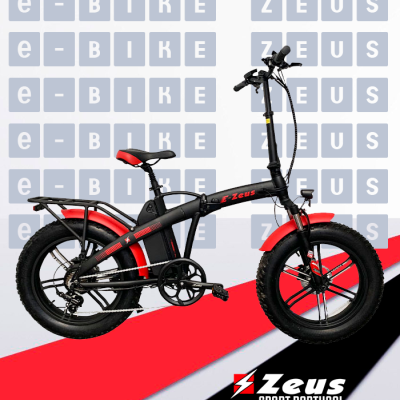 Bicicleta elétrica dobrável preta e vermelha com pneus grossos e texto Zeus