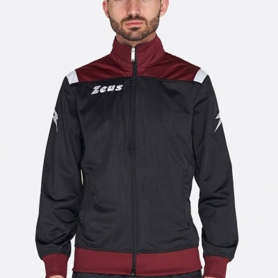 Casaco desportivo preto com detalhes bordô e branco e logotipo Zeus