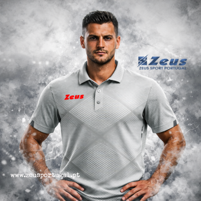 Homem com polo cinzento claro com logótipo vermelho Zeus e padrão losangos