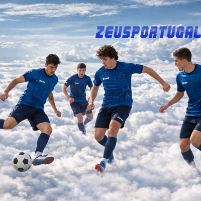 Jogadores de futebol com equipamento azul da Zeus jogam numa superfície de nuvens com texto ZEUSPORTUGAL.PT no céu