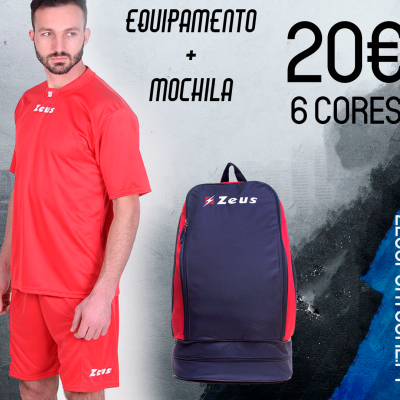 Homem com equipamento desportivo vermelho e mochila preta Zeus com texto promocional em fundo cinzento