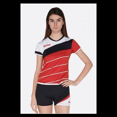 Conjunto desportivo feminino vermelho, branco e preto com logótipo ZEUS