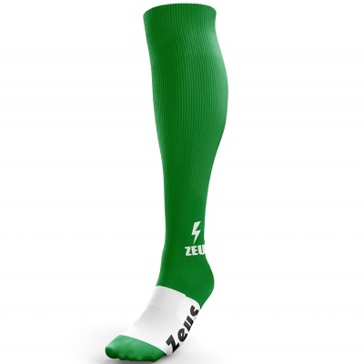 Meia desportiva verde e branca com logótipo Zeus e símbolo de raio