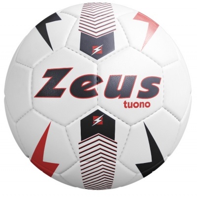 Bola de futebol branca com texto 'Zeus tuono' e padrões vermelhos e pretos