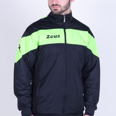 Casaco desportivo preto com faixa verde fluorescente e texto Zeus