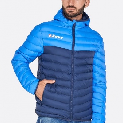 Casaco acolchoado azul claro e azul escuro com capuz e logótipo Zeus