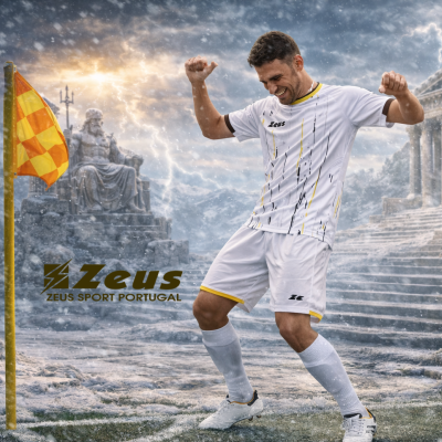 Jogador de futebol com conjunto branco Zeus numa paisagem com estátua, escadaria e bandeira quadriculada