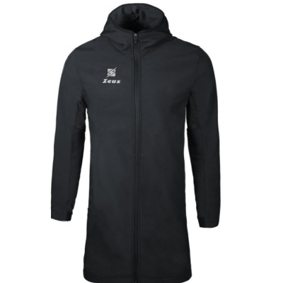 Casaco comprido preto com capuz e fecho de correr com logótipo Zeus