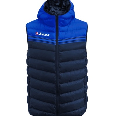 Colete acolchoado azul e preto com capuz da marca Zeus