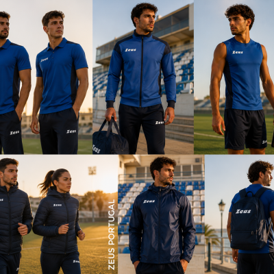 Modelos a usar roupas desportivas azuis Zeus em estádio ao pôr do sol