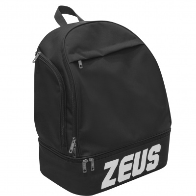 Mochila preta com compartimento inferior e texto 'ZEUS' em branco