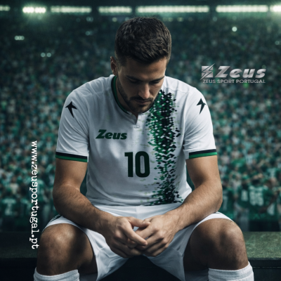 Jogador de futebol sentado com equipamento branco, número 10, logótipo Zeus e padrão verde e preto.