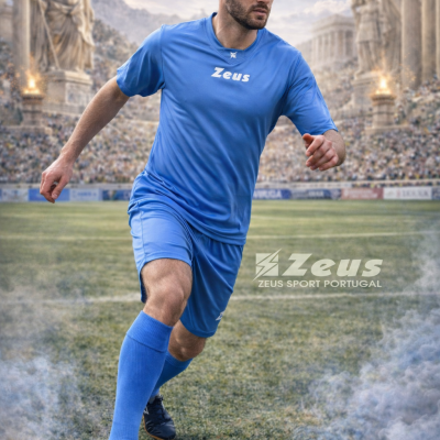 Jogador de futebol com equipamento azul Zeus em campo com multidão e estátuas ao fundo