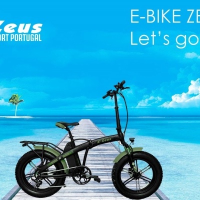 Bicicleta elétrica dobrável preta e verde numa passadeira de madeira sobre o mar com céu azul