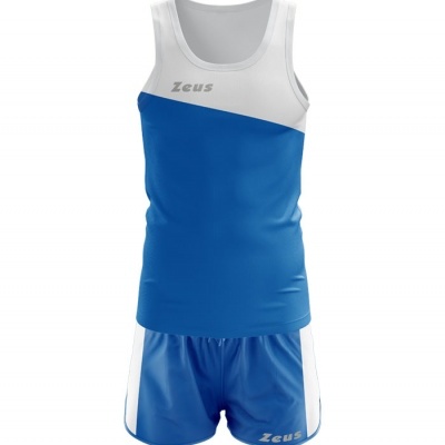 Conjunto desportivo azul e branco com texto Zeus
