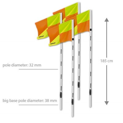 Quatro bandeiras amarelas e laranja com hastes brancas e texto 'Roces'.