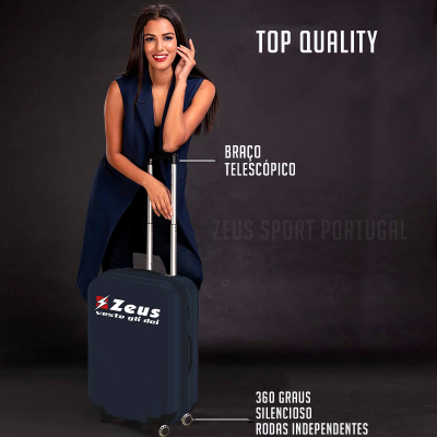 Mala de viagem preta com alça telescópica e rodas, com texto promocional ao fundo