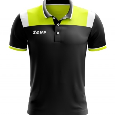 Polo desportivo preto com detalhes amarelo fluorescente e branco e logo Zeus