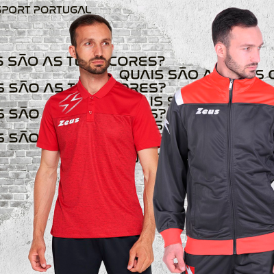 Dois homens com roupa desportiva Zeus Sport Portugal, polo vermelho e casaco cinzento e vermelho
