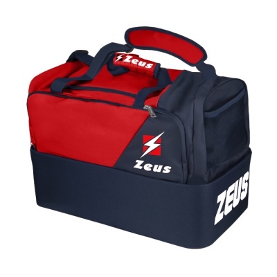 Mala desportiva vermelha e preta com a marca Zeus