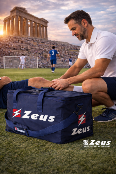 Mala desportiva azul escura Zeus com homem a massajar jogador num campo de futebol