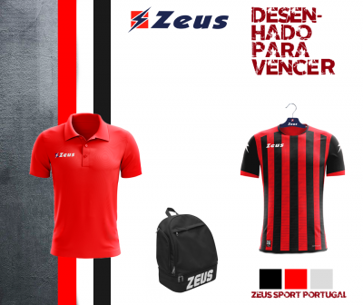 Camisola polo vermelha, camisola de futebol riscada vermelha e preta, mochila preta Zeus, texto promocional.
