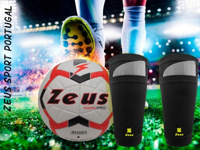 Produtos desportivos Zeus — bola de futebol e caneleiras pretas