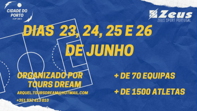 Cartaz azul com texto amarelo e branco sobre evento de futebol em junho