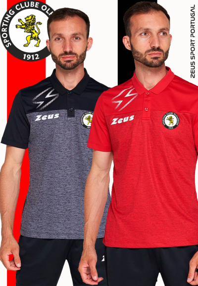 Duas camisas polo Zeus com logo Sporting Clube Olhanense 1912, uma preta com cinza e outra vermelha.