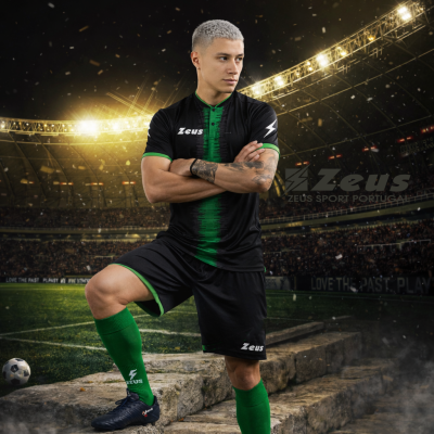Jogador de futebol com uniforme preto e verde Zeus num estádio iluminado