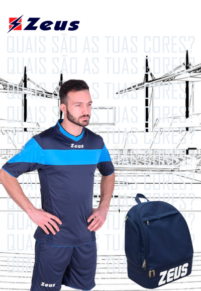Equipamento desportivo azul Zeus com mochila azul escura e logotipo branco