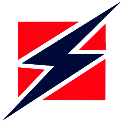 Logótipo com fundo vermelho e um raio azul escuro