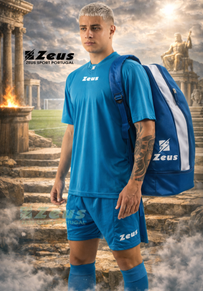 Atleta com equipamento desportivo e mala Zeus azul e branco em cenário clássico antigo