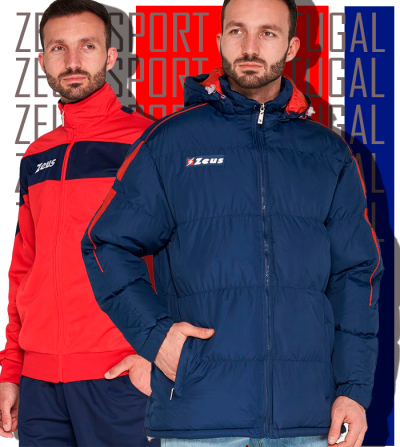 Dois homens com casacos desportivos Zeus vermelho e azul