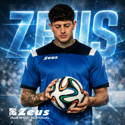 Homem segura bola de futebol com camisola azul Zeus e fundo azul com texto Zeus