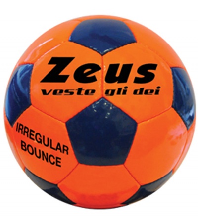 Bola de futebol laranja e azul com texto preto Zeus e IRREGULAR BOUNCE