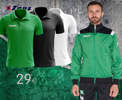 Três polos Zeus verde, preto e branco e homem com casaco verde e preto, fundo cinza texturizado