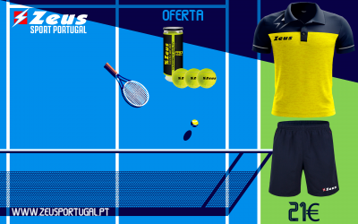 Raquete, bolas de ténis, rede, conjunto desportivo Zeus amarelo e preto, preço 21€