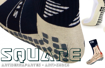 Meias SQUARE anti-derrapantes azul escuro e bege com padrão quadrado na sola
