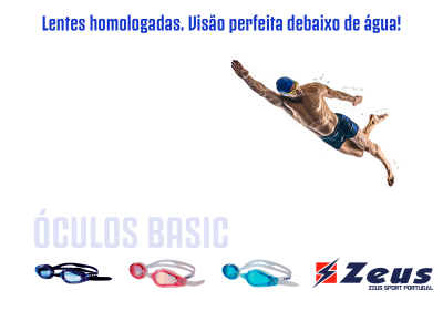 Anúncio de óculos de natação Basic da Zeus em três cores com texto promocional em fundo branco