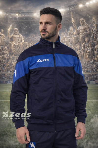 Homem com casaco desportivo azul Zeus em estádio com estátuas de deuses ao fundo