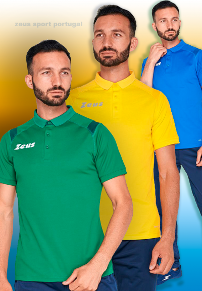 Homens com polos Zeus verde, amarelo e azul em fundo colorido