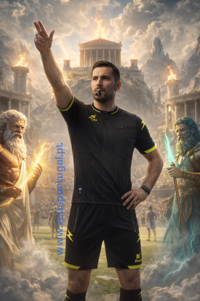 Árbitro em equipamento desportivo preto e amarelo com apito, com dois personagens mitológicos atrás em estádio de futebol.