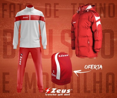 Conjunto desportivo branco e vermelho com casaco, calças, gorro e casaco acolchoado, marca Zeus visível