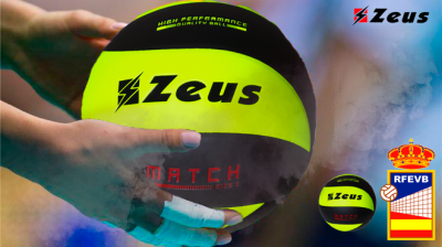 Bola de voleibol amarelo-fluorescente e preta da Zeus com mãos segurando.