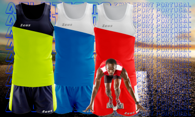 Três conjuntos de roupa desportiva Zeus com atleta a preparar-se para corrida e texto SPORT PORTUGAL em fundo.