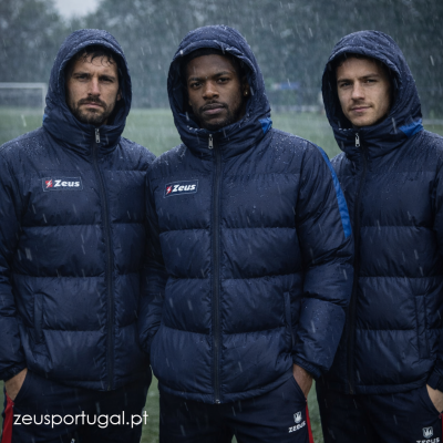 Três homens com casacos acolchoados impermeáveis azul escuro com capuz, com logotipo Zeus, na chuva
