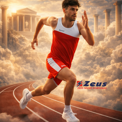 Corredor com roupa desportiva vermelha e branca Zeus numa pista com templo e colunas ao fundo
