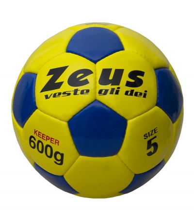 Bola de futebol amarelo e azul tamanho 5 com texto Zeus veste gli dei, KEEPER 600g, SIZE 5